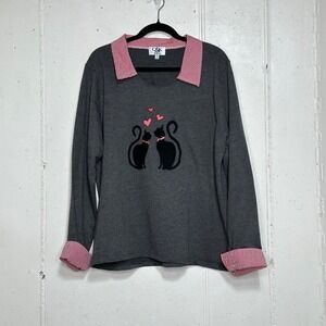 C&K Designs Cat Heart Sweatshirt Long Sleeve Gingham Collar Gray XL‎